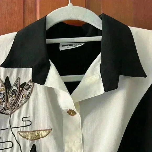 VINTAGE 80’s Bonnie Blair Floral Blouse black/white shoulder pads size S - Picture 5 of 7